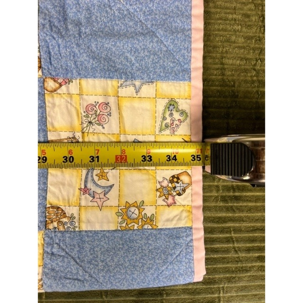 Handmade Patchwork Baby Quilt Birdhouse Garden Blue Pink 35x40 Nursery Blanket